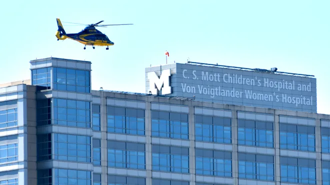 Aerial view of C.S. Mott Children's and Von Voigtlander Women's Hospital at the University of Michigan
