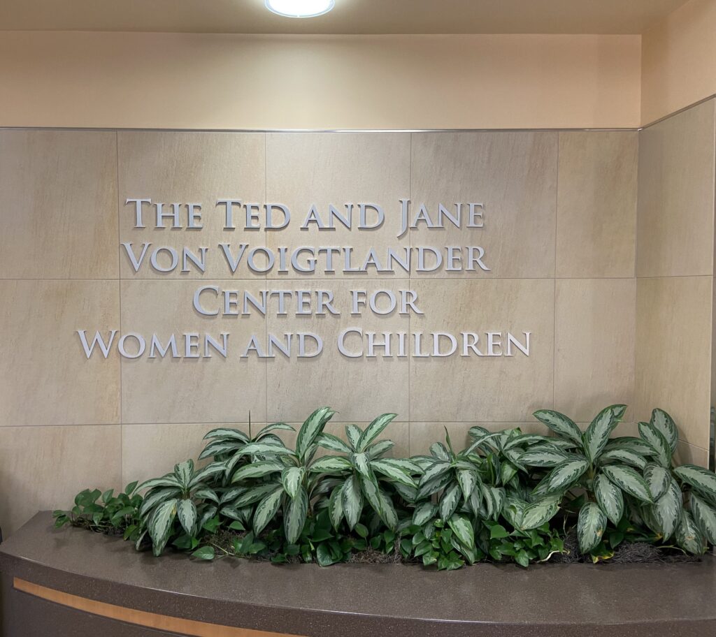 The Ted and Jane Von Voigtlander Center for Women and Children sign at Trinity Health Ann Arbor